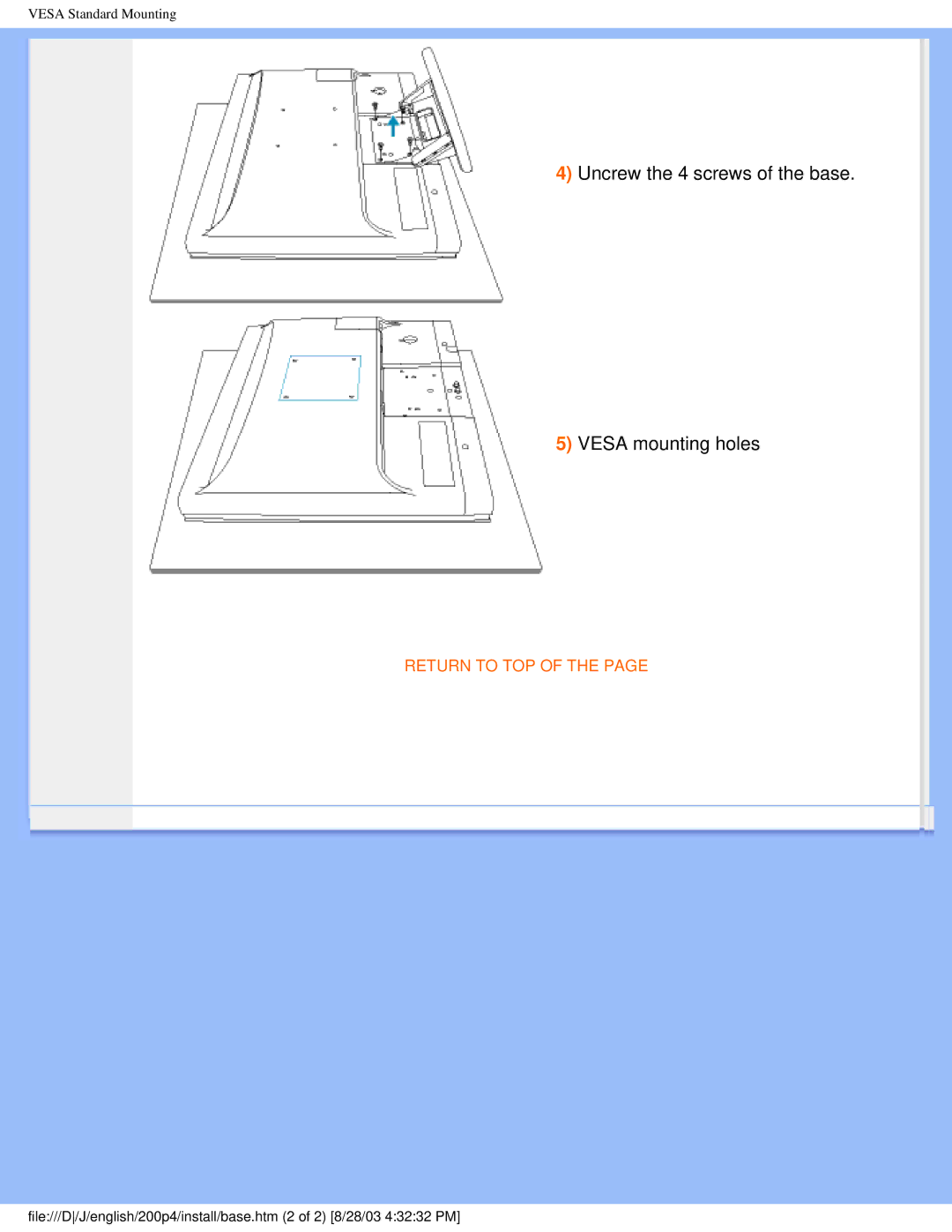 Philips 200P4 user manual Uncrew the 4 screws of the base Vesa mounting holes 