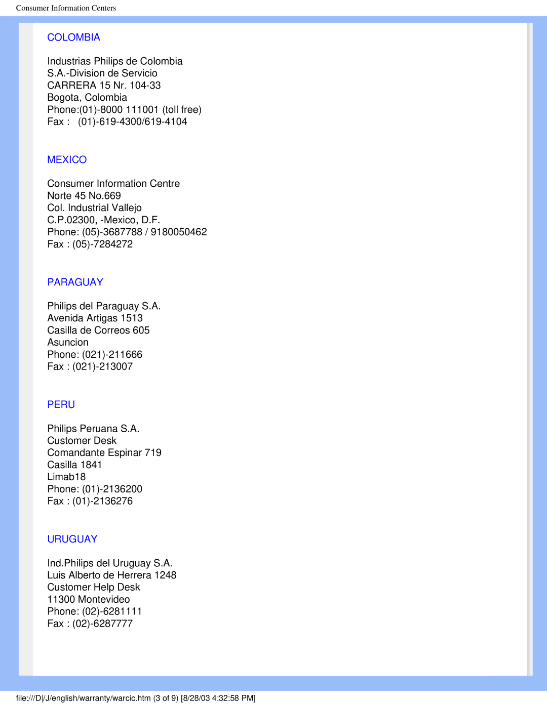 Philips 200P4 user manual Colombia, Mexico, Paraguay, Peru, Uruguay 