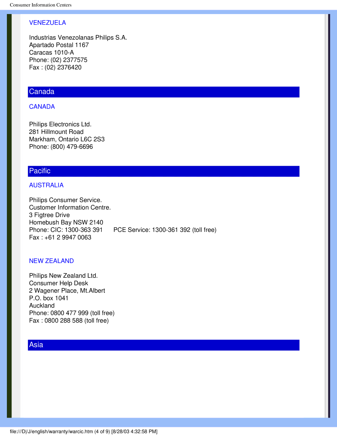 Philips 200P4 user manual Venezuela, Canada, Australia, NEW Zealand 