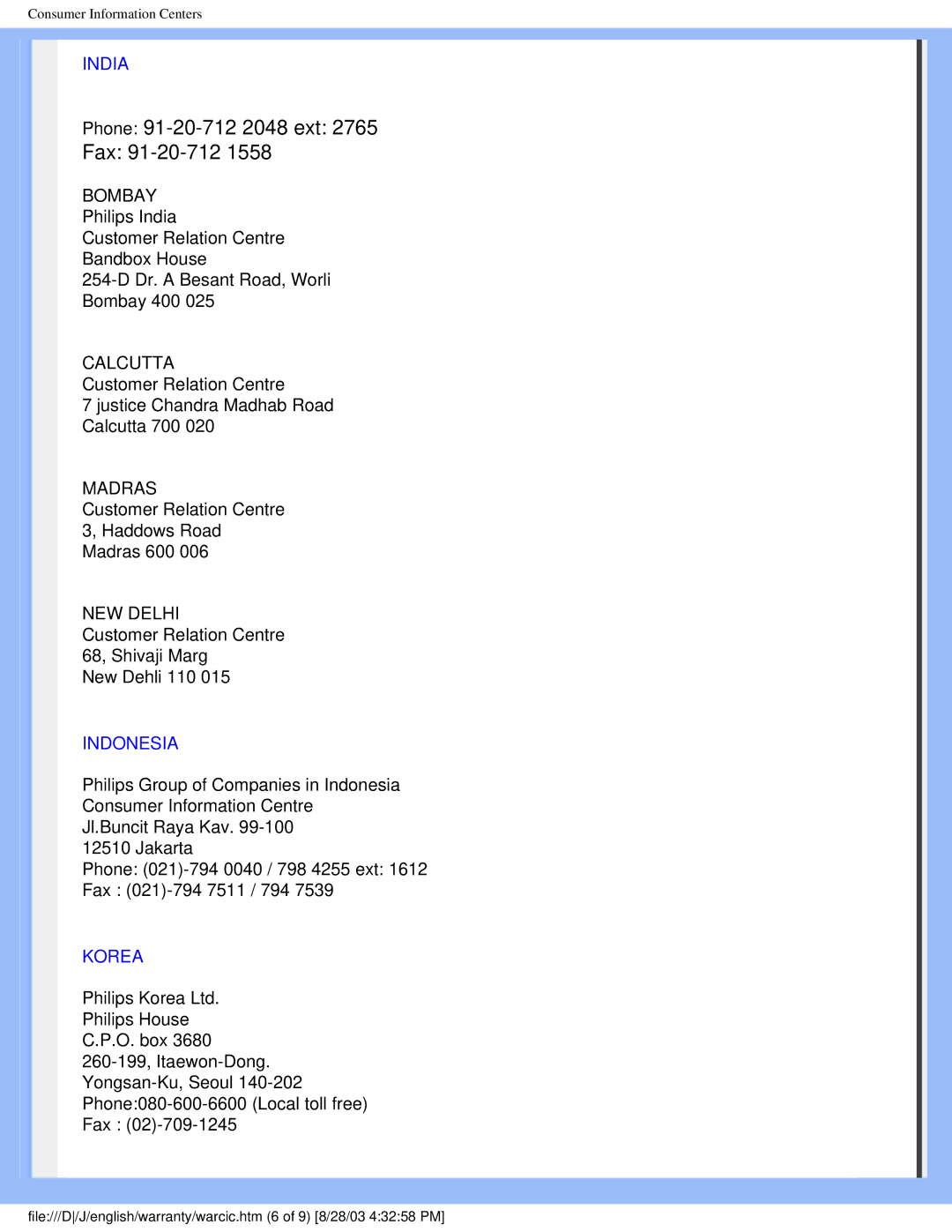 Philips 200P4 user manual India, Indonesia, Korea 