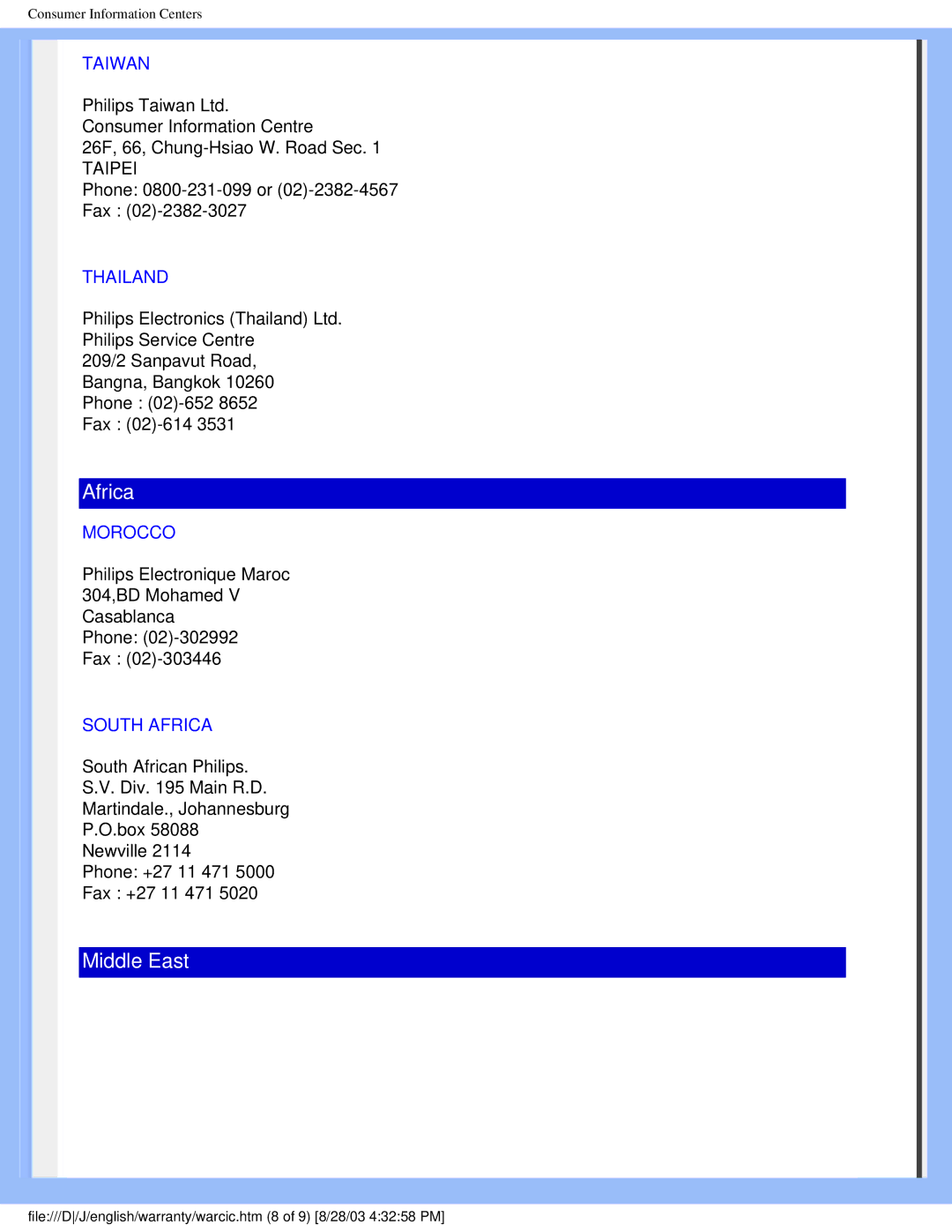 Philips 200P4 user manual Taiwan, Thailand, Morocco, South Africa 