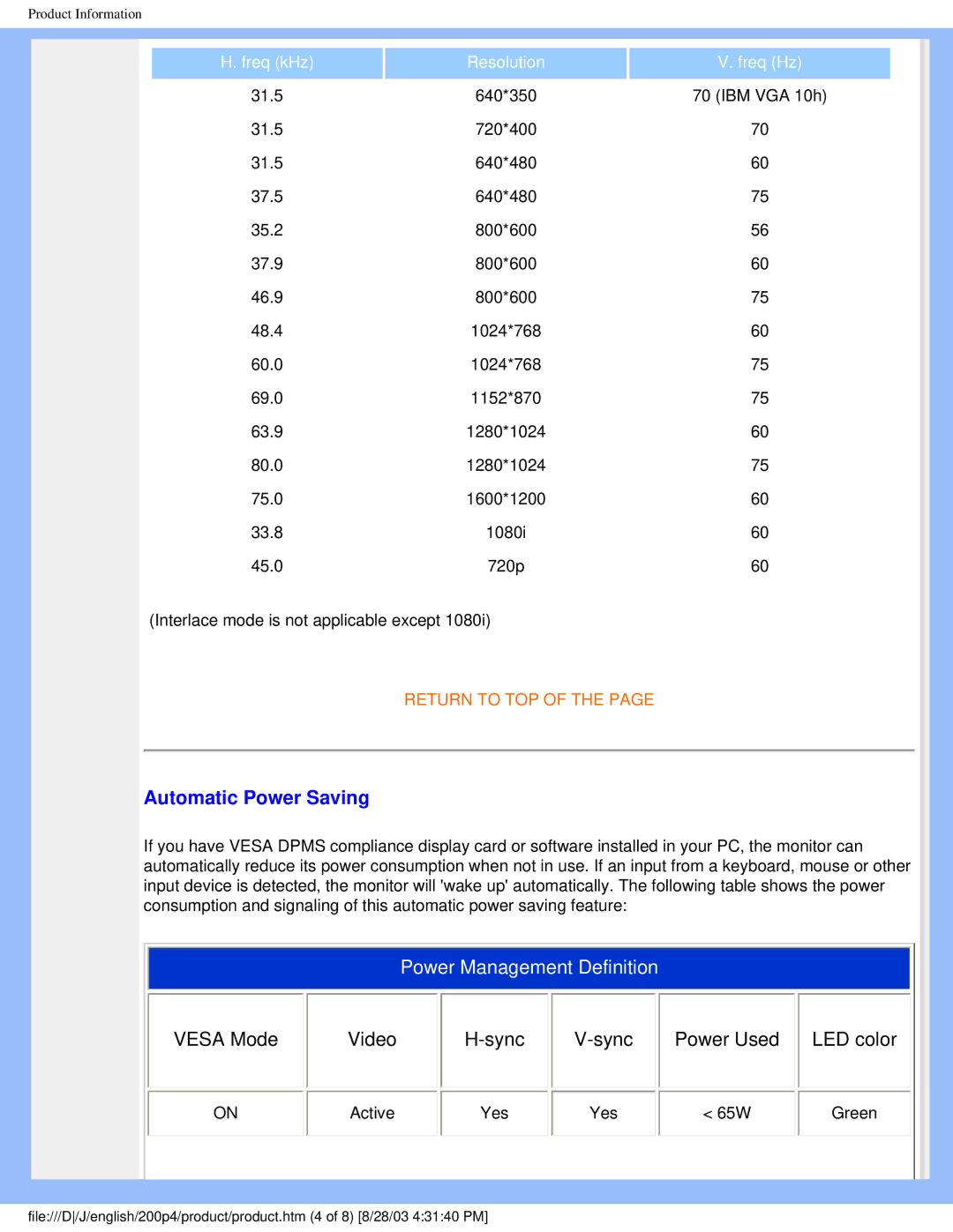 Philips 200P4 user manual Automatic Power Saving 