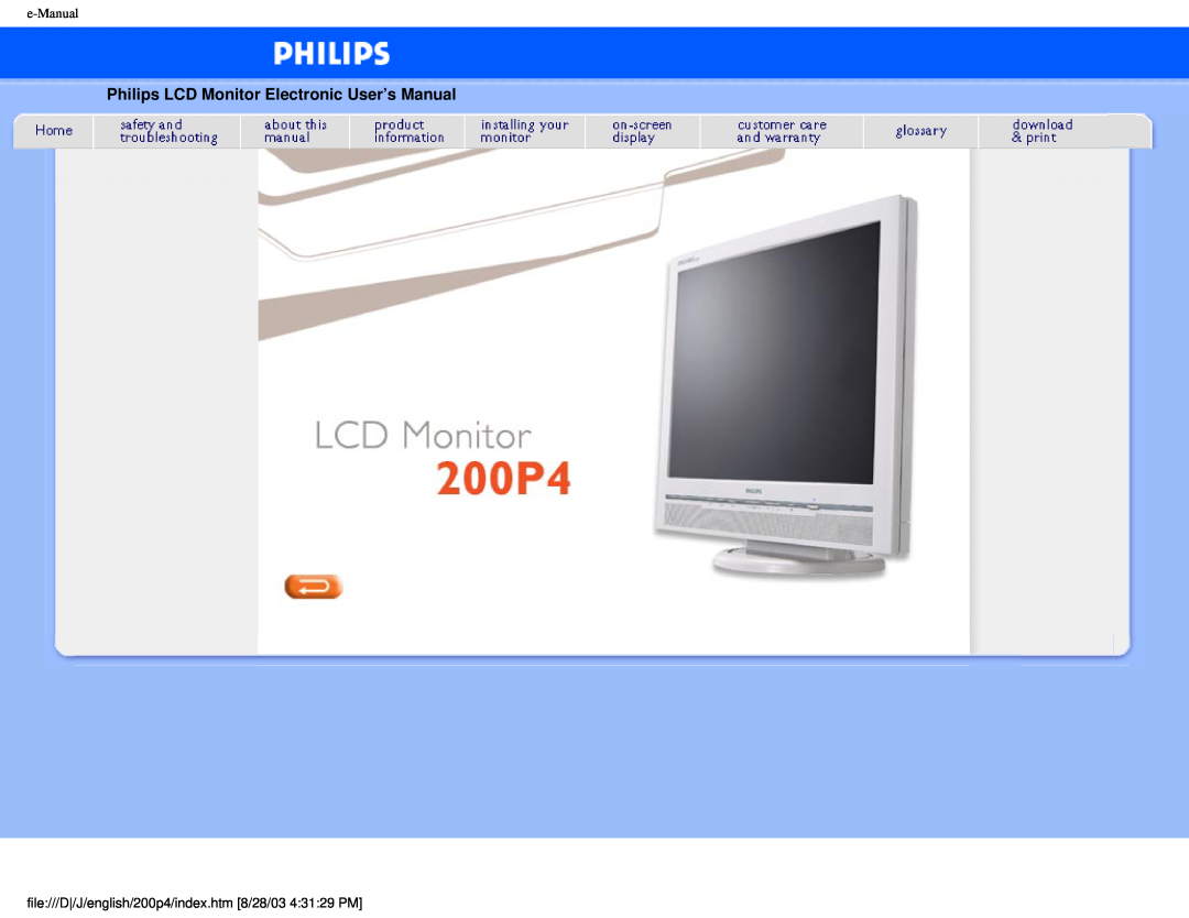 Philips 200S4, 200P4 user manual Philips LCD Monitor Electronic User’s Manual, e-Manual 