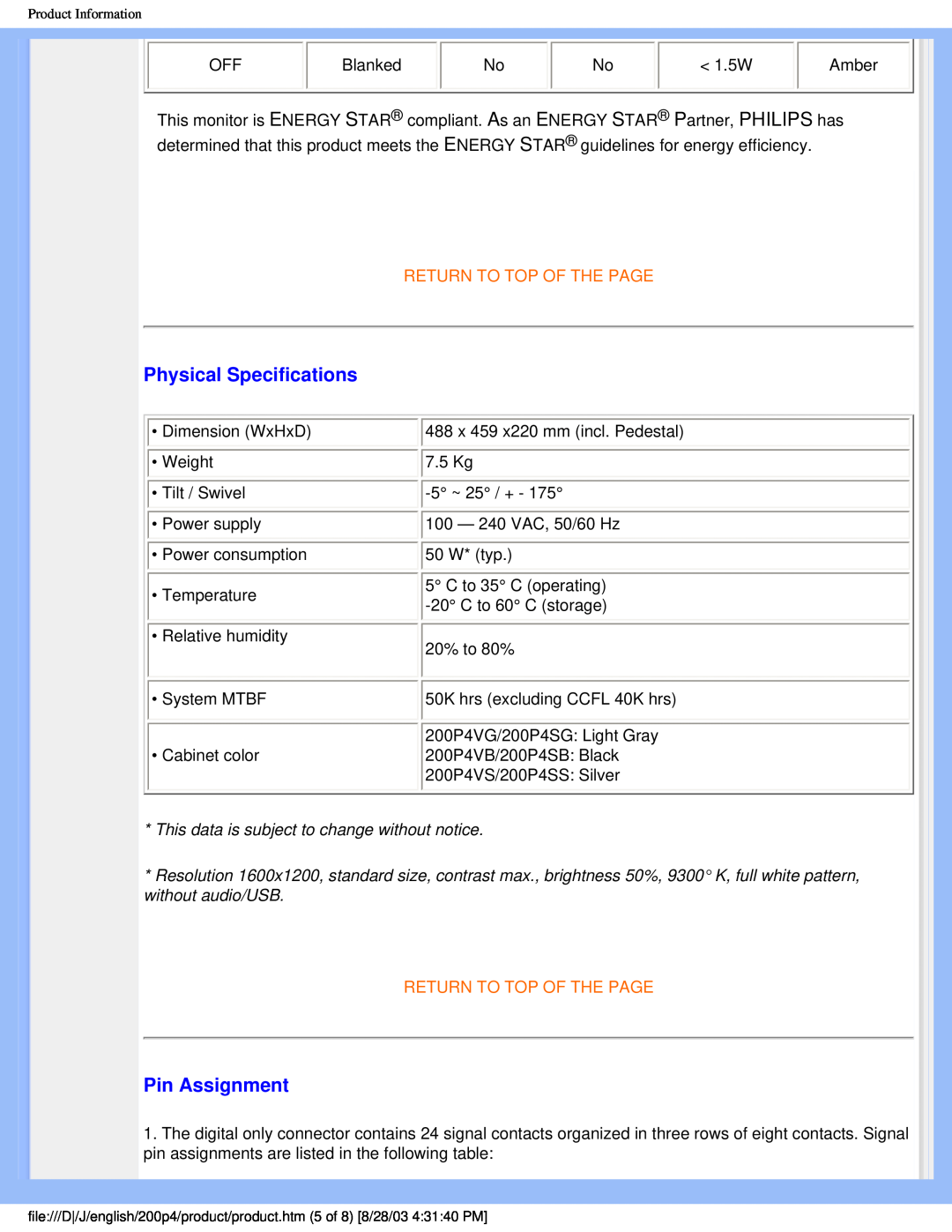 Philips 200P4 user manual Physical Specifications, Pin Assignment, Return To Top Of The Page 