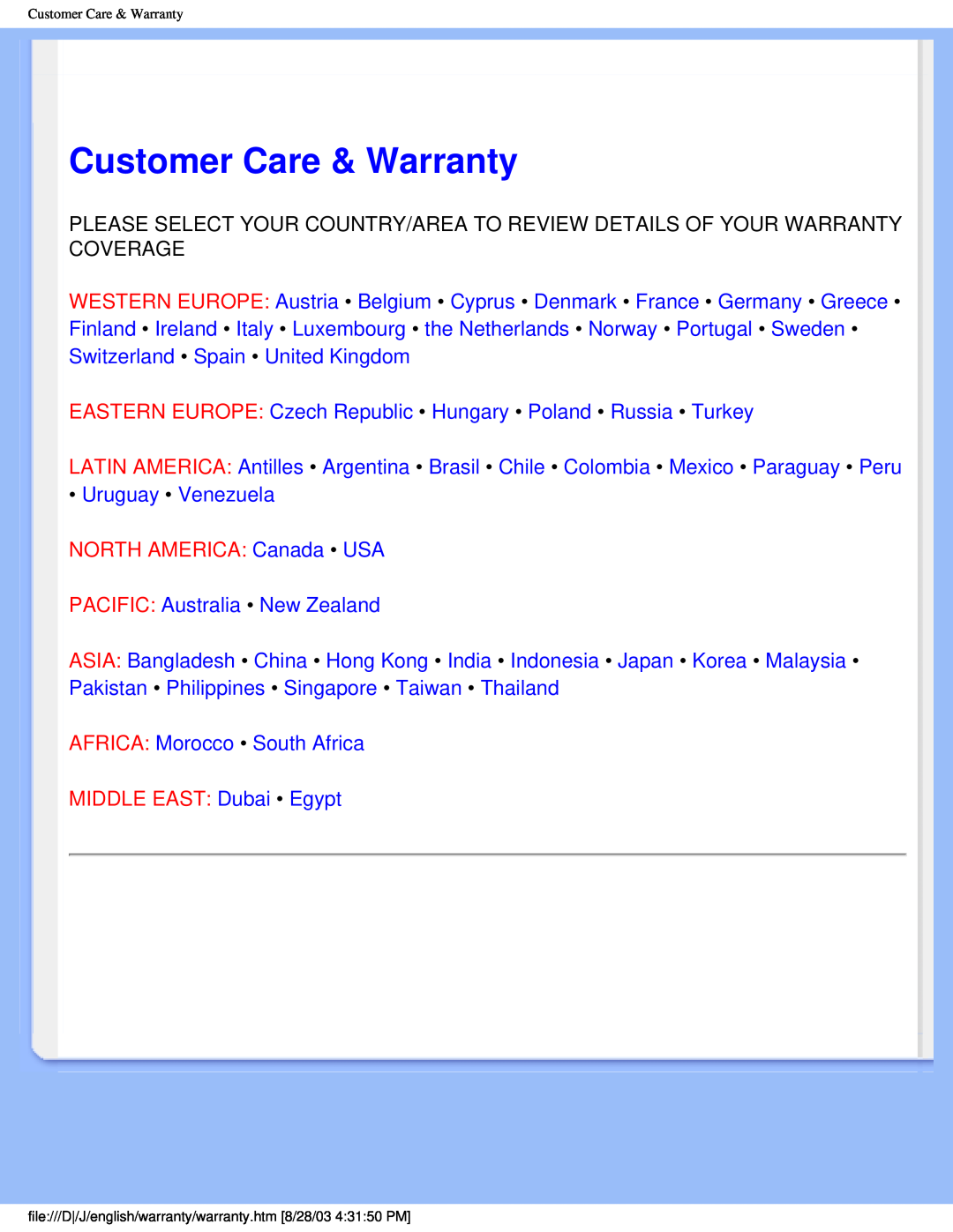 Philips 200P4 user manual Customer Care & Warranty, NORTH AMERICA Canada USA, MIDDLE EAST Dubai Egypt 