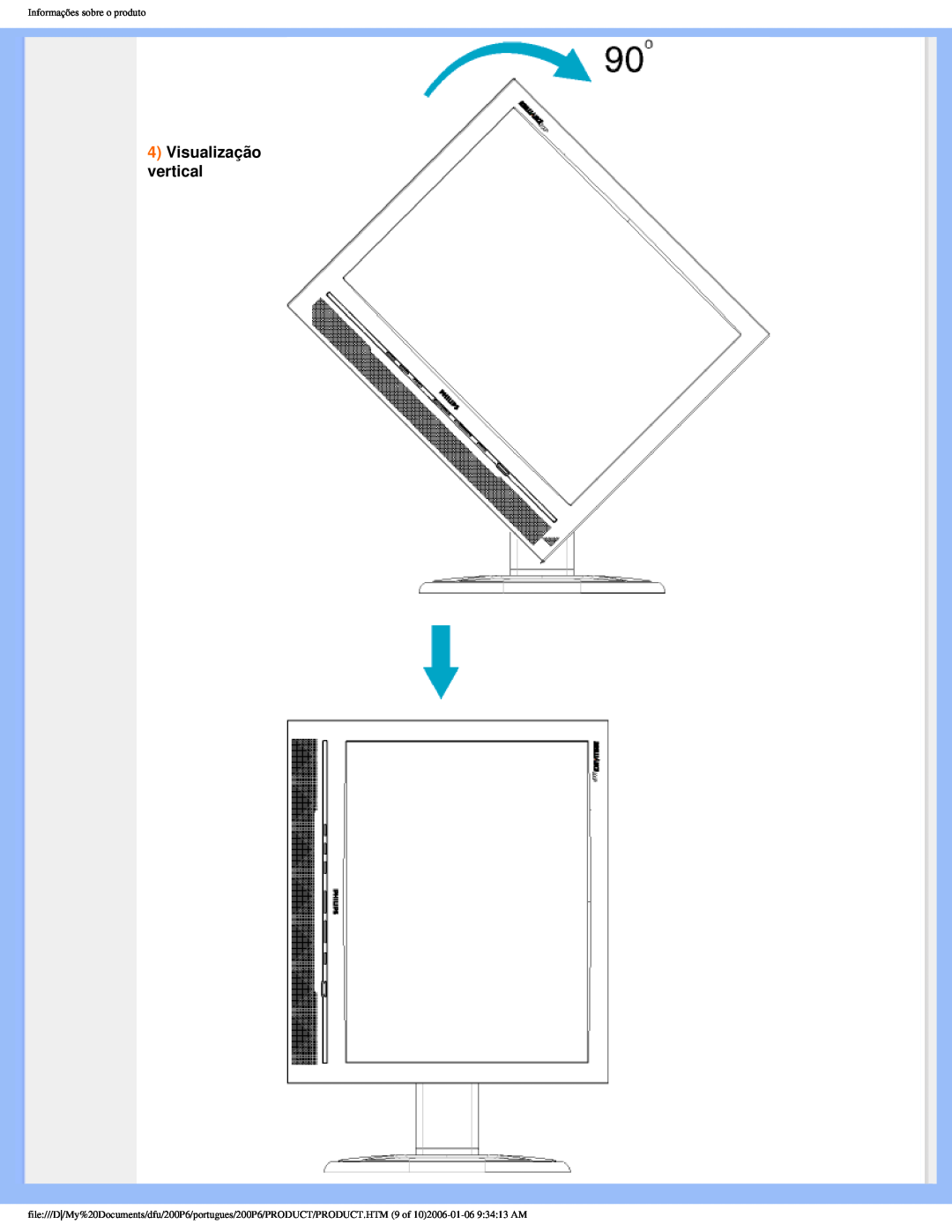 Philips 200P6 user manual Visualização vertical, Informações sobre o produto 