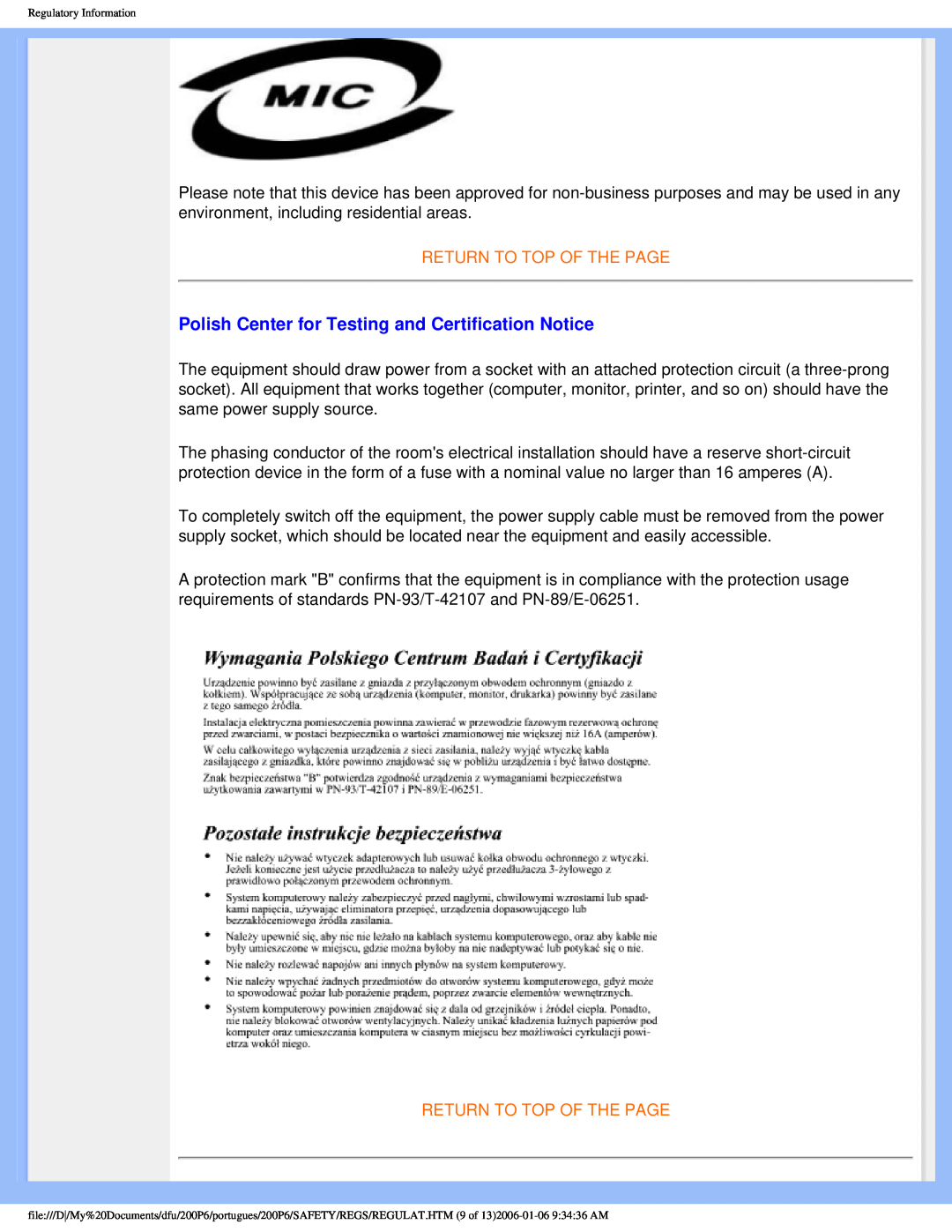 Philips 200P6 user manual Polish Center for Testing and Certification Notice, Return To Top Of The Page 