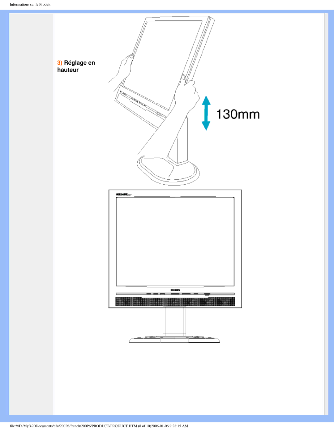 Philips 200P6 user manual Réglage en hauteur 