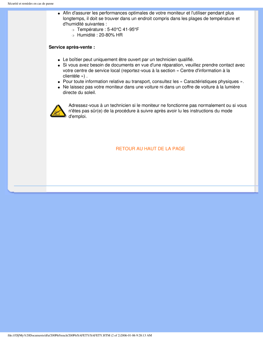 Philips 200P6 user manual Service après-vente, Retour AU Haut DE LA 