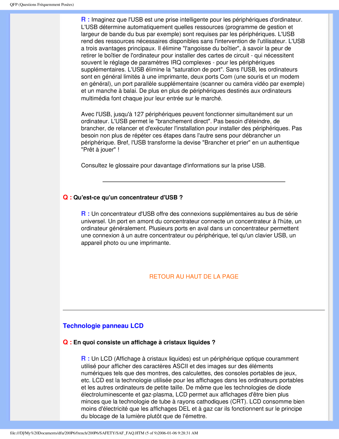 Philips 200P6 user manual Technologie panneau LCD, Quest-ce quun concentrateur dUSB ? 