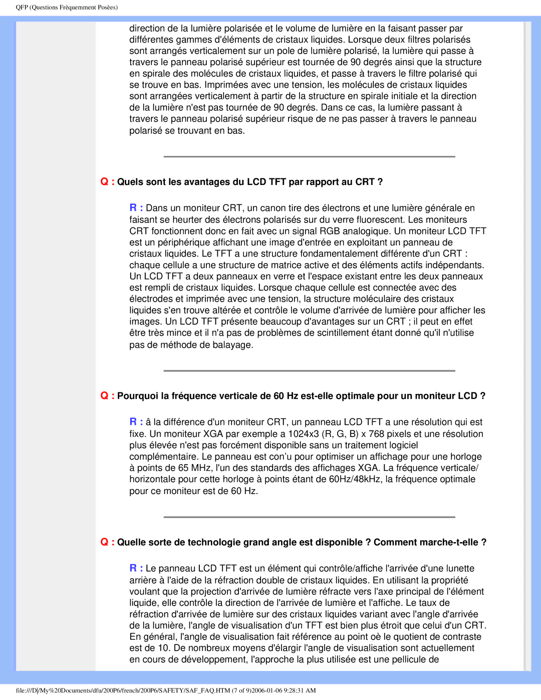 Philips 200P6 user manual Quels sont les avantages du LCD TFT par rapport au CRT ? 