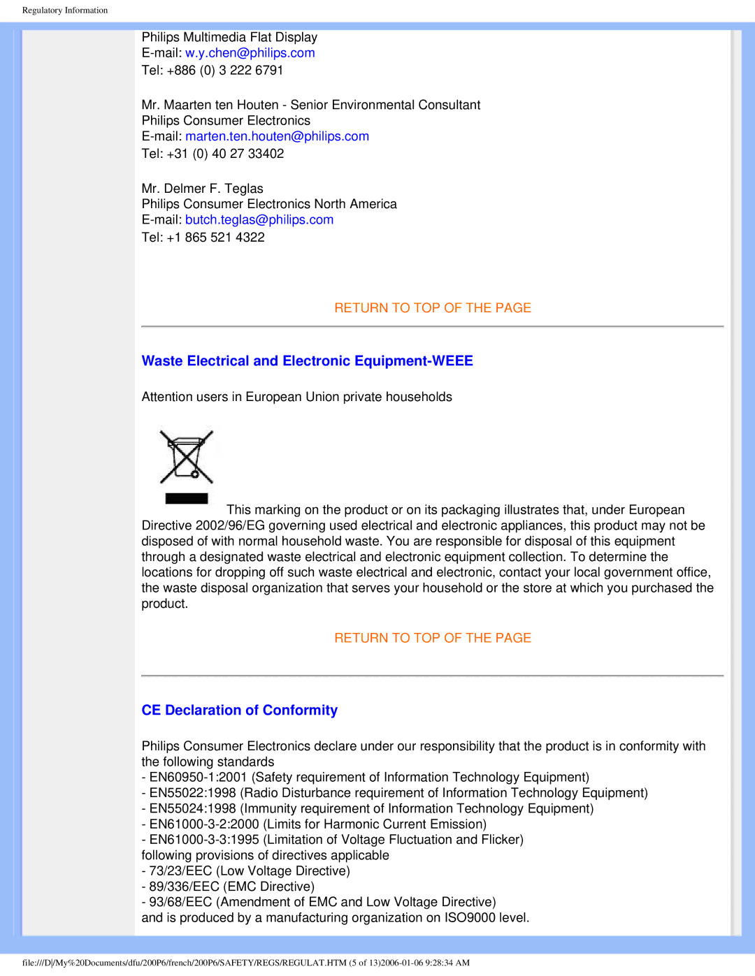 Philips 200P6 user manual Waste Electrical and Electronic Equipment-WEEE, CE Declaration of Conformity 