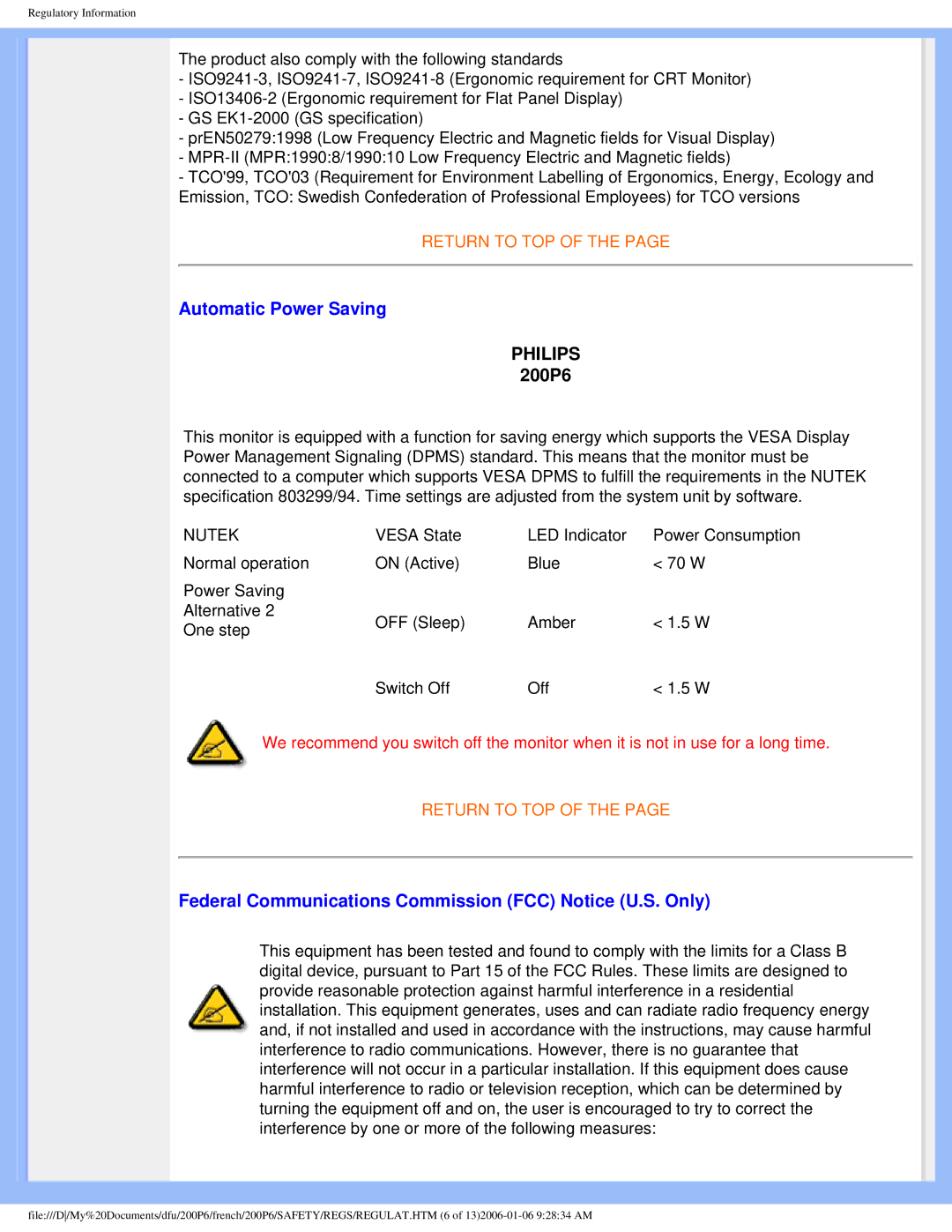 Philips 200P6 user manual Automatic Power Saving, Federal Communications Commission FCC Notice U.S. Only 