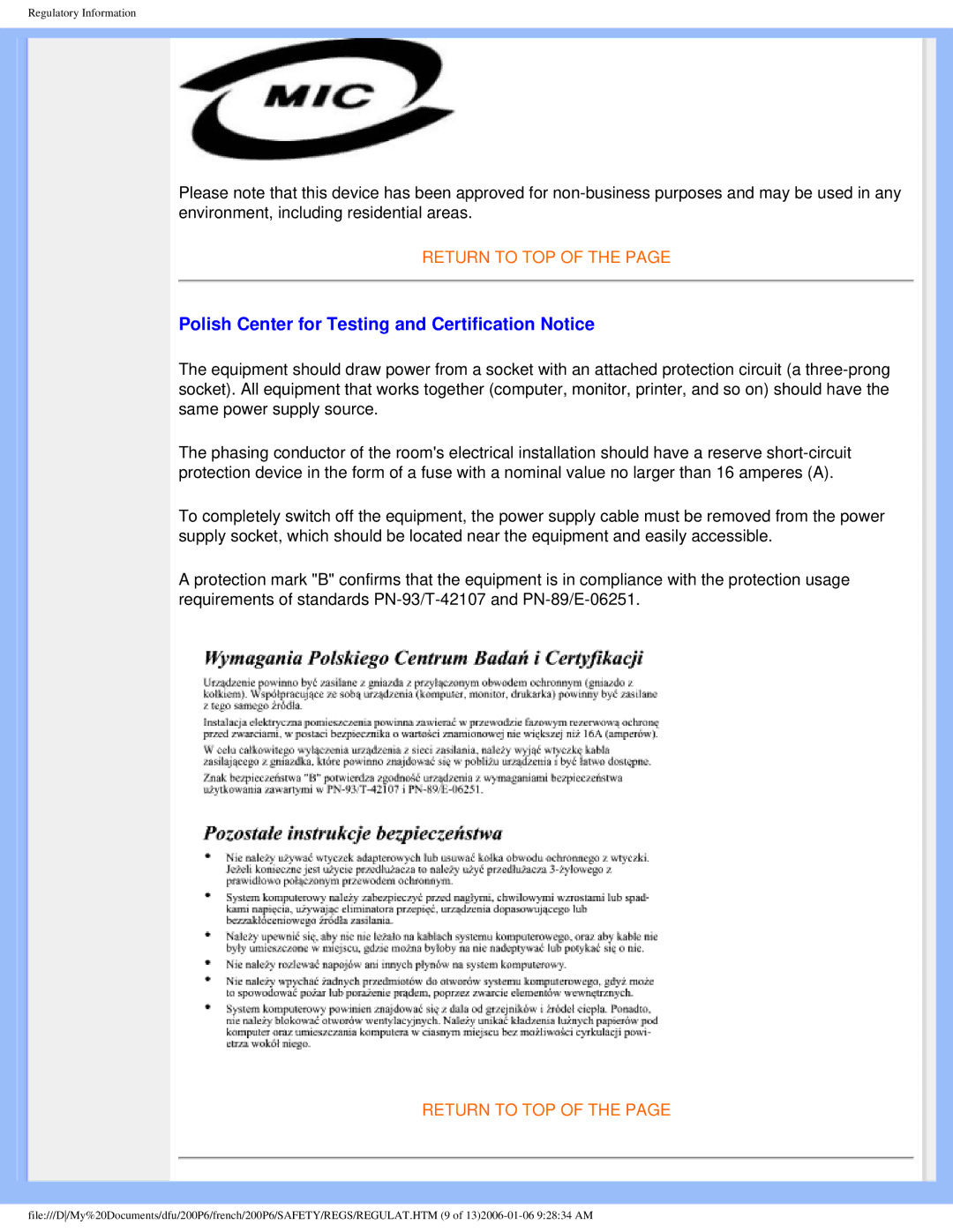 Philips 200P6 user manual Polish Center for Testing and Certification Notice 