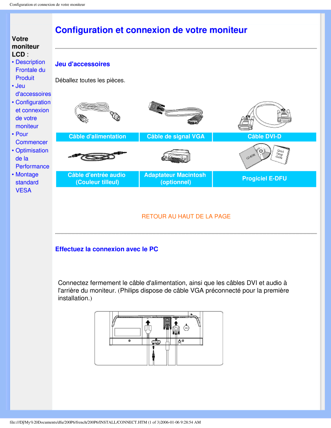 Philips 200P6 user manual Configuration et connexion de votre moniteur 