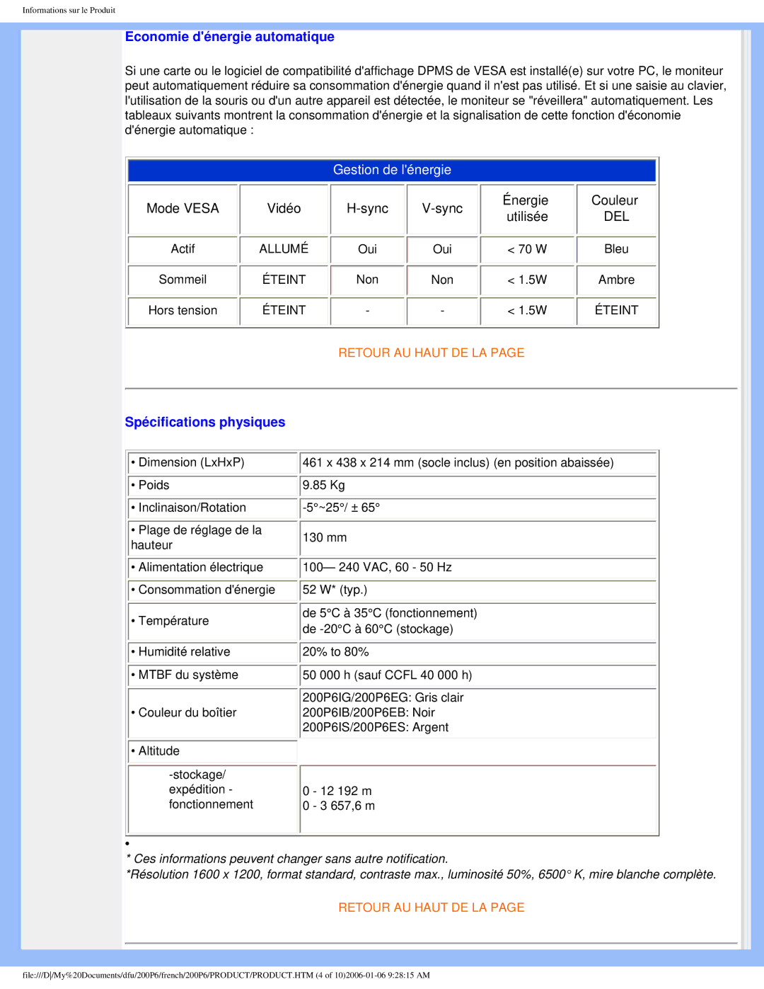 Philips 200P6 user manual Economie dénergie automatique 