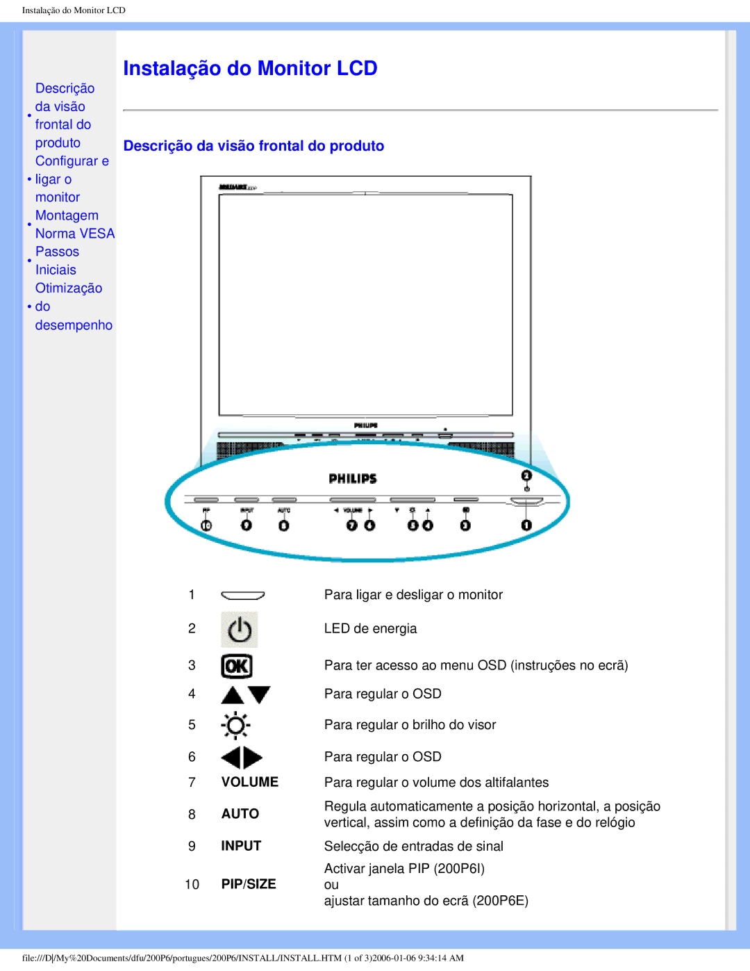 Philips 200P6 user manual Instalação do Monitor LCD, Descrição da visão frontal do produto 