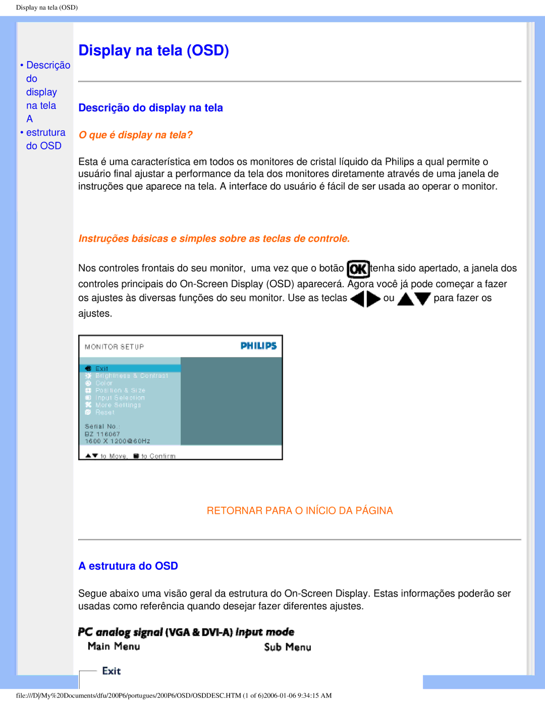 Philips 200P6 user manual Descrição do display na tela, Estrutura do OSD 