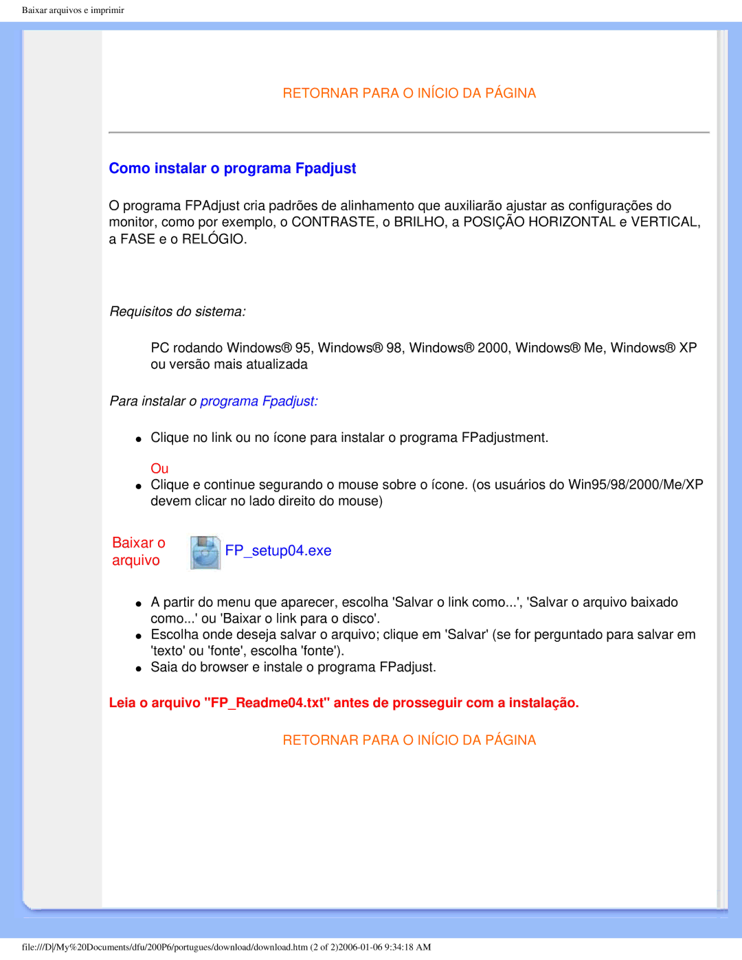 Philips 200P6 user manual Como instalar o programa Fpadjust, Para instalar o programa Fpadjust 