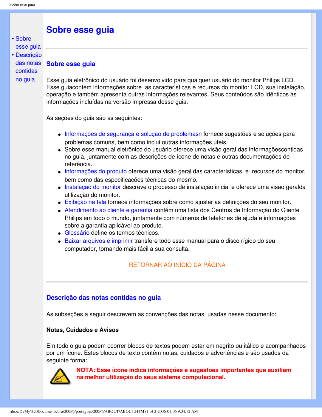 Philips 200P6 user manual Sobre esse guia, Descrição das notas contidas no guia 