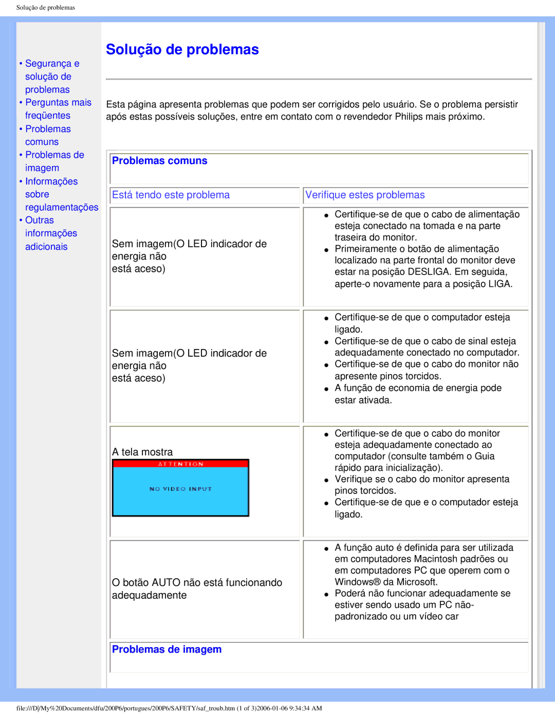 Philips 200P6 user manual Problemas comuns, Problemas de imagem 