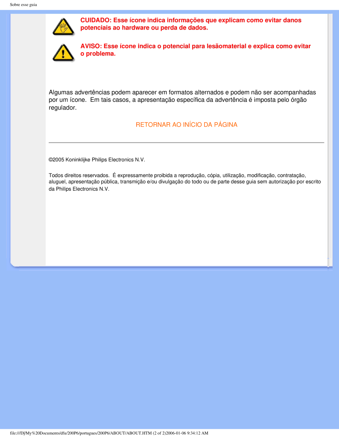 Philips 200P6 user manual Retornar AO Início DA Página 
