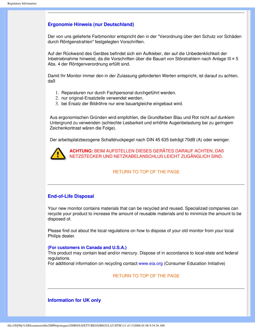 Philips 200P6 user manual Ergonomie Hinweis nur Deutschland, End-of-Life Disposal, Information for UK only 