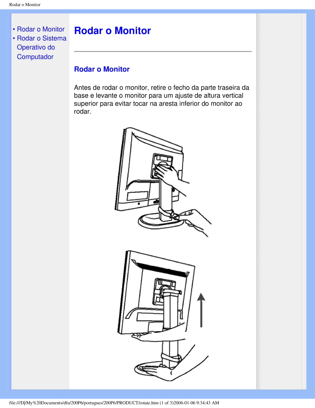 Philips 200P6 user manual Rodar o Monitor 