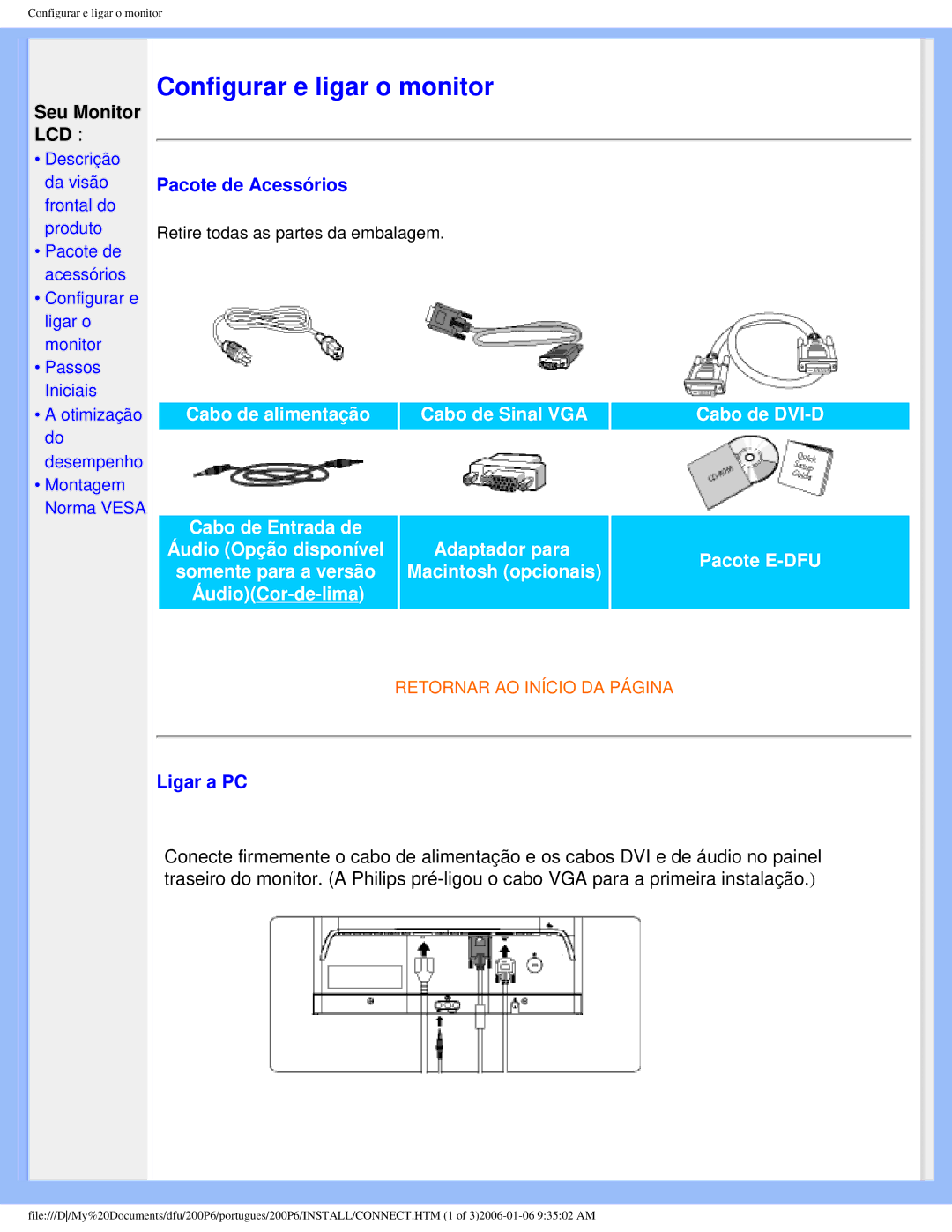 Philips 200P6 user manual Pacote de Acessórios, Ligar a PC 