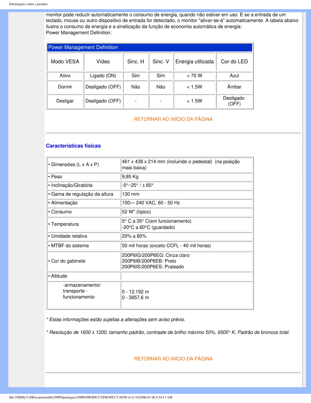 Philips 200P6 user manual Características físicas 