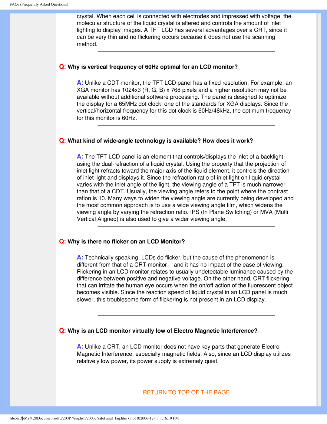 Philips 200p7 user manual Why is there no flicker on an LCD Monitor? 