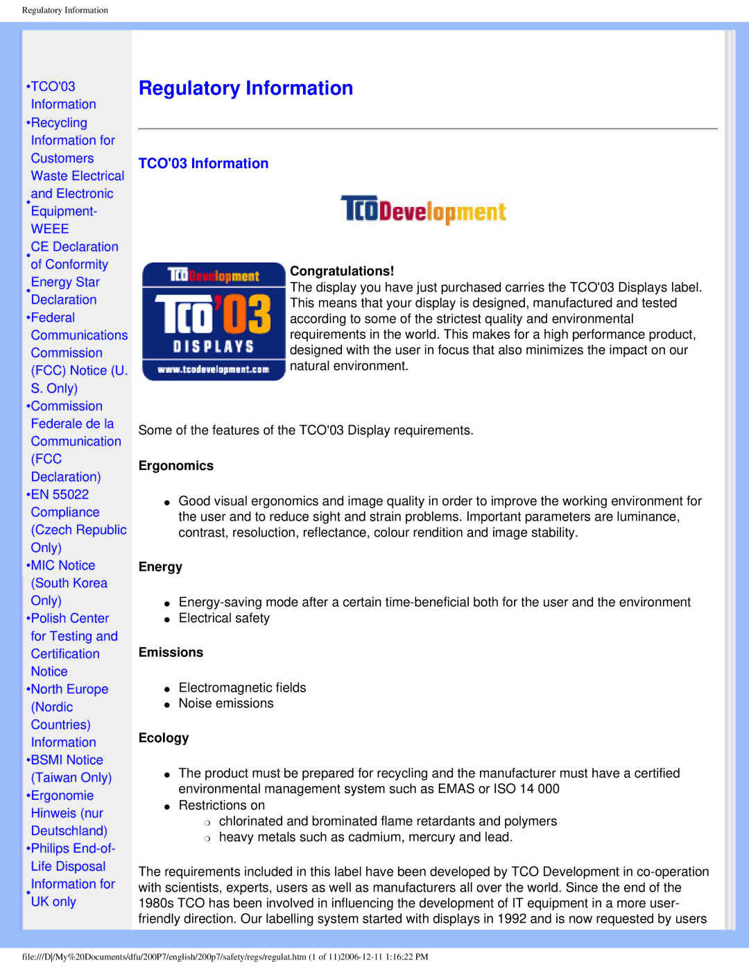 Philips 200p7 user manual TCO03 Information 