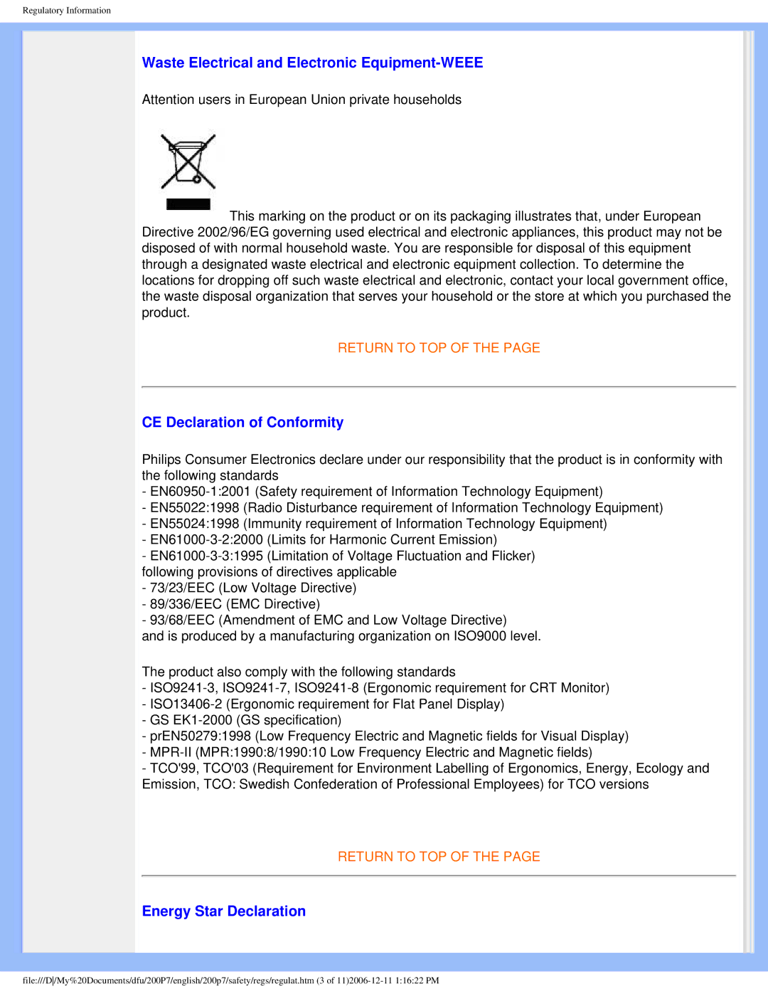 Philips 200p7 Waste Electrical and Electronic Equipment-WEEE, CE Declaration of Conformity, Energy Star Declaration 