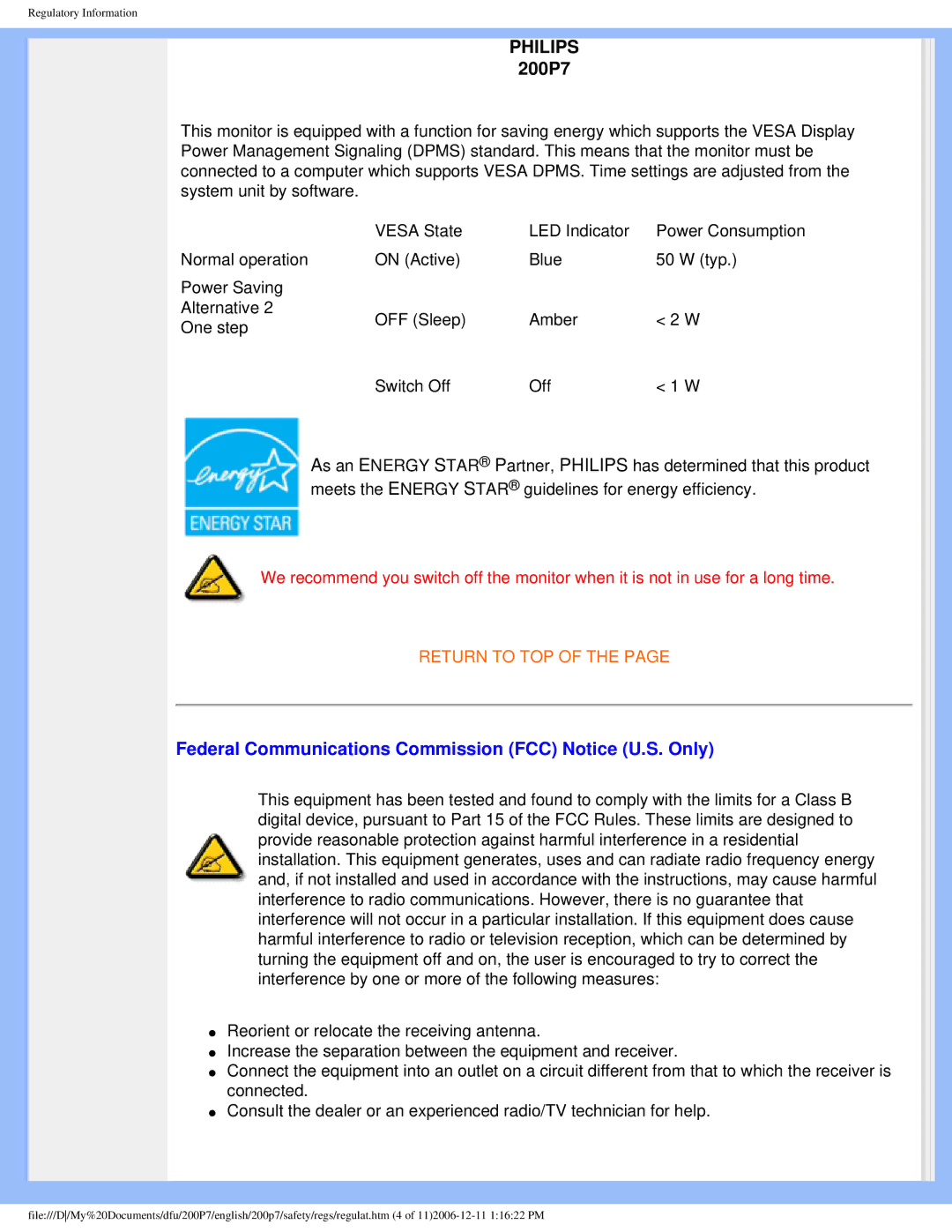 Philips 200p7 user manual Philips, Federal Communications Commission FCC Notice U.S. Only 