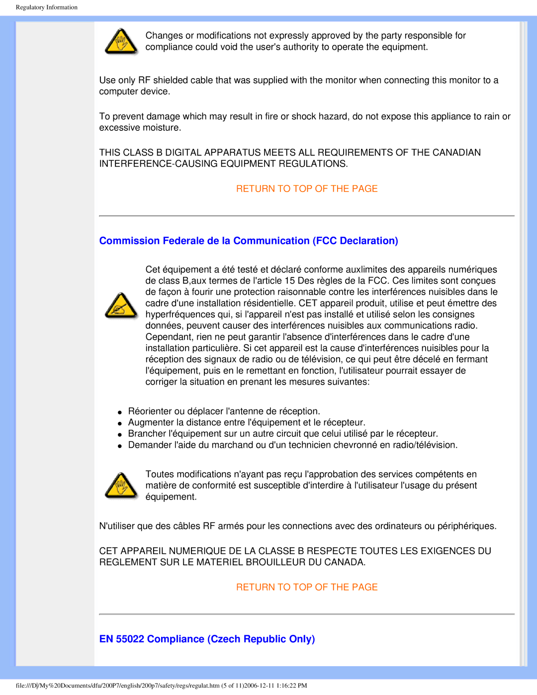 Philips 200p7 user manual Commission Federale de la Communication FCC Declaration, EN 55022 Compliance Czech Republic Only 