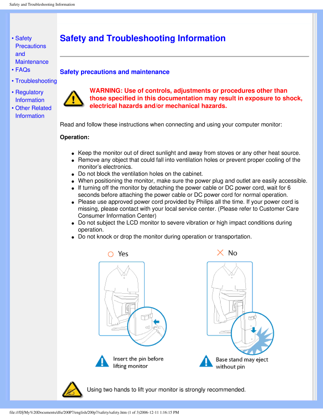 Philips 200p7 user manual Safety and Troubleshooting Information, Safety precautions and maintenance 