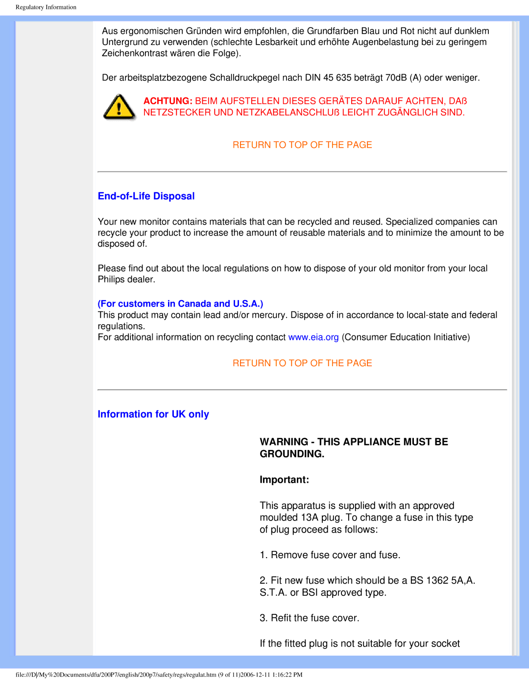 Philips 200p7 user manual End-of-Life Disposal, Information for UK only 