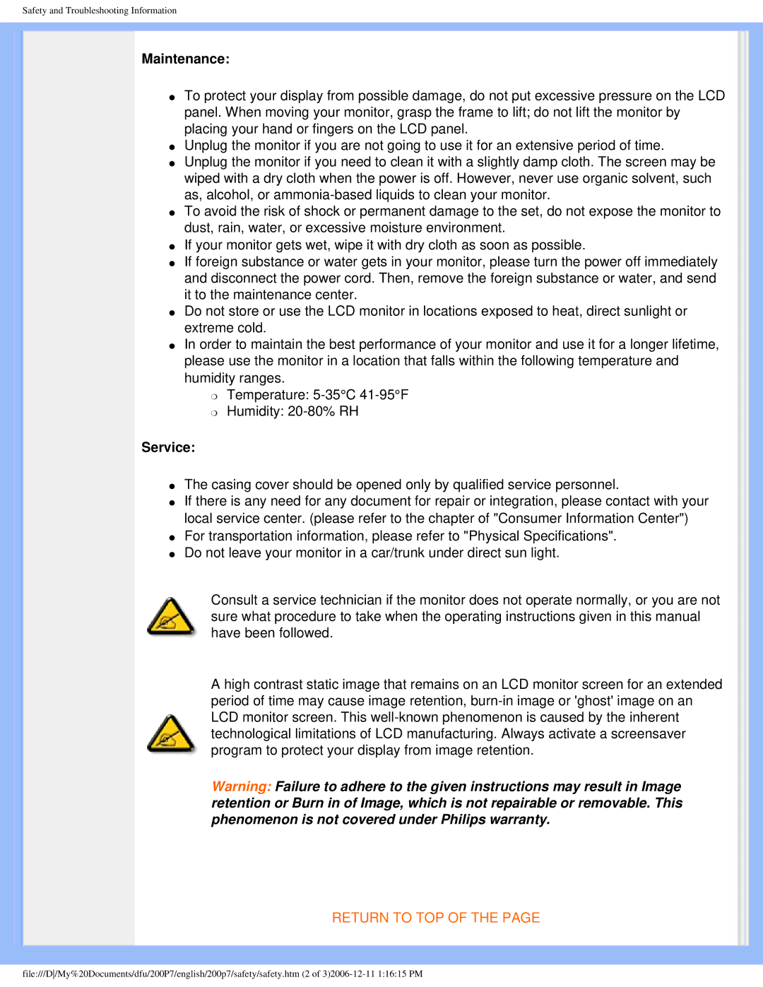 Philips 200p7 user manual Maintenance 