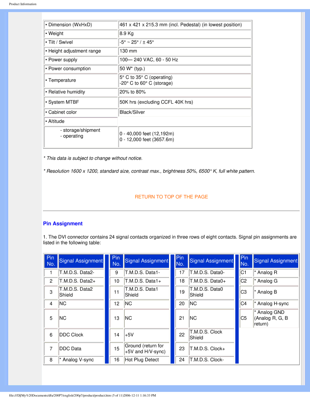 Philips 200p7 user manual Pin Assignment 