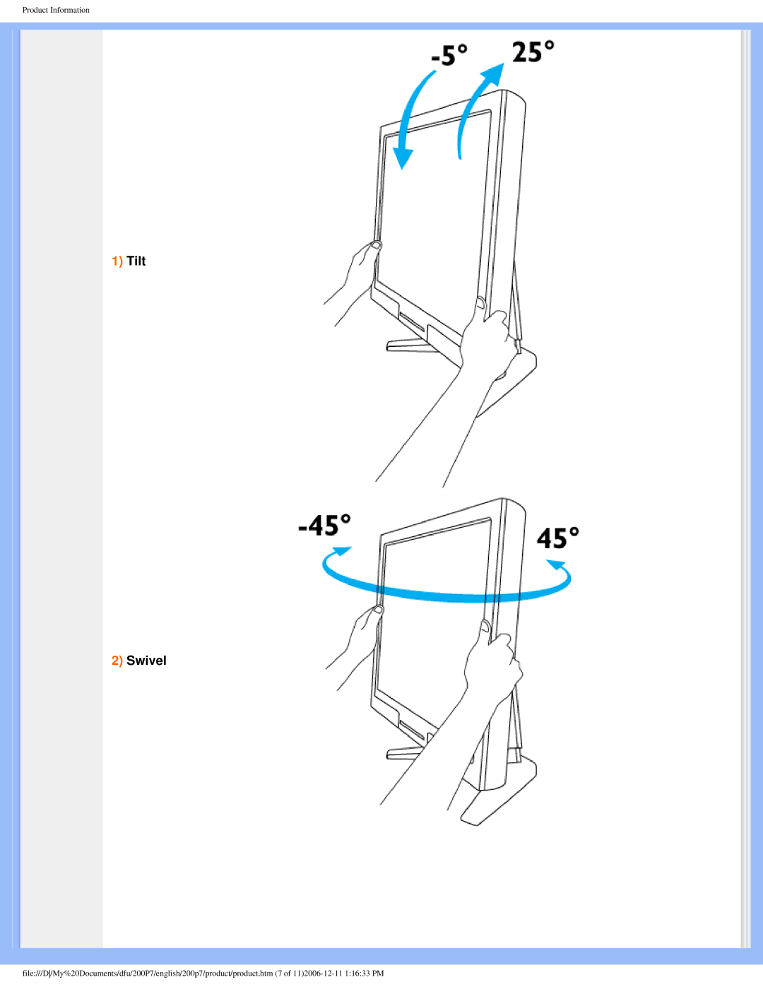 Philips 200p7 user manual Tilt Swivel 