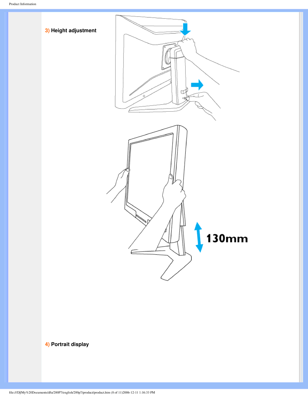 Philips 200p7 user manual Height adjustment Portrait display 