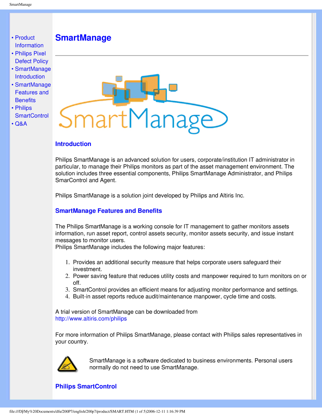 Philips 200p7 user manual Introduction, SmartManage Features and Benefits, Philips SmartControl 