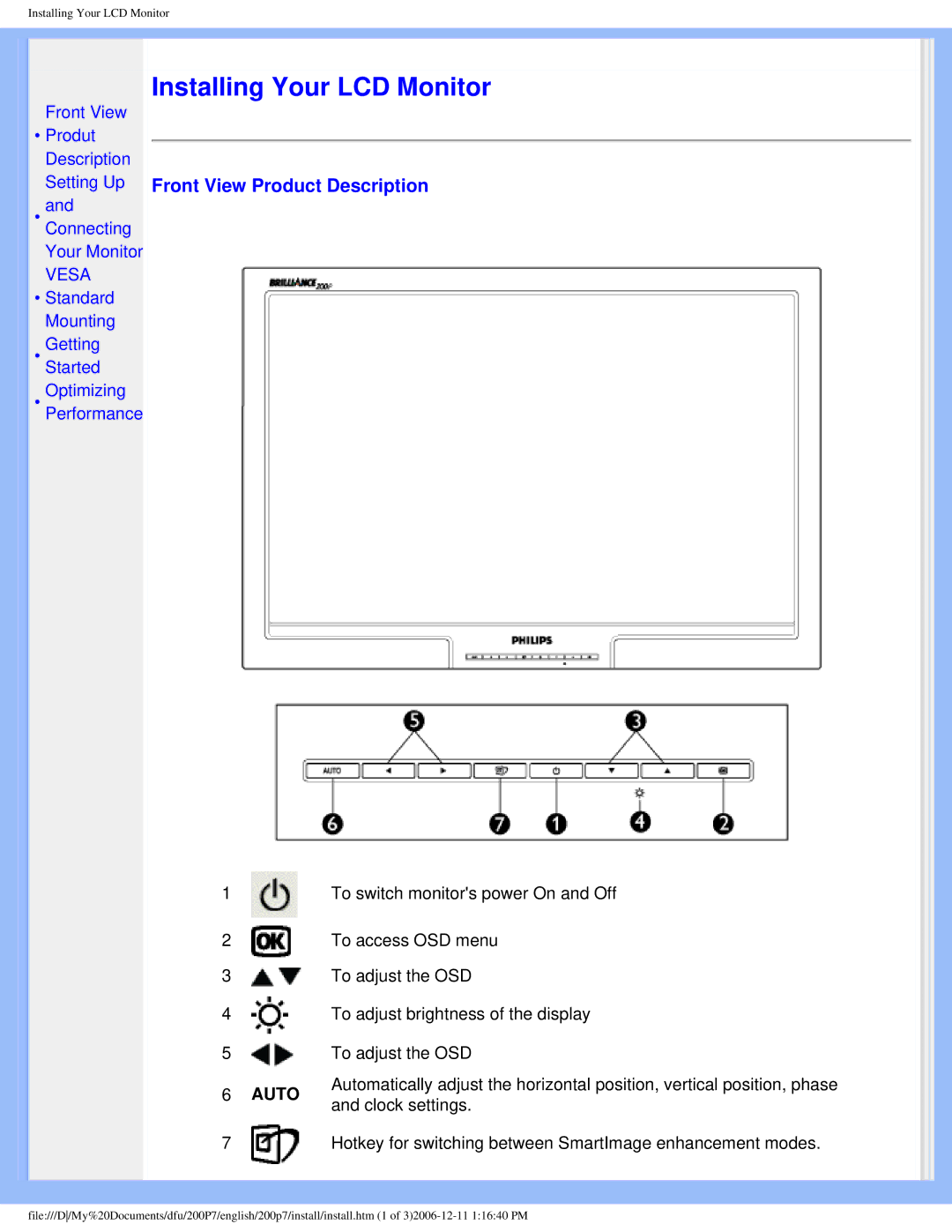 Philips 200p7 user manual Installing Your LCD Monitor, Front View Product Description 