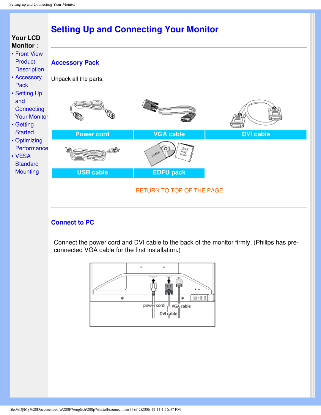 Philips 200p7 user manual Accessory Pack, Connect to PC 