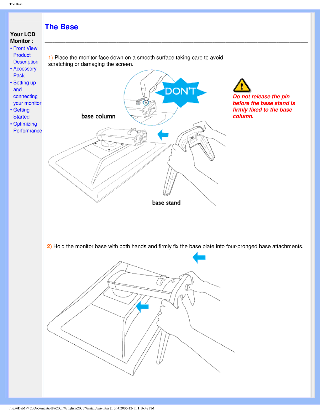 Philips 200p7 user manual Base, Your LCD Monitor 