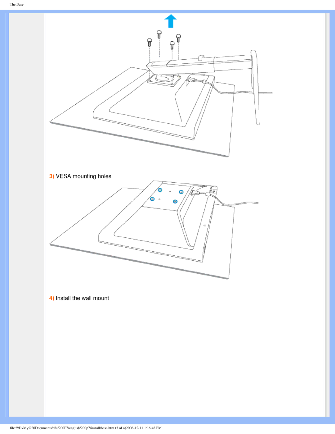 Philips 200p7 user manual Vesa mounting holes Install the wall mount 