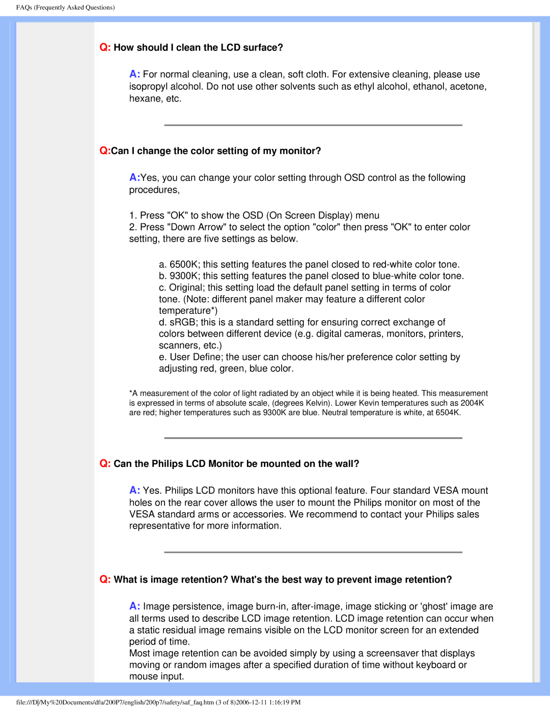 Philips 200p7 user manual How should I clean the LCD surface?, QCan I change the color setting of my monitor? 