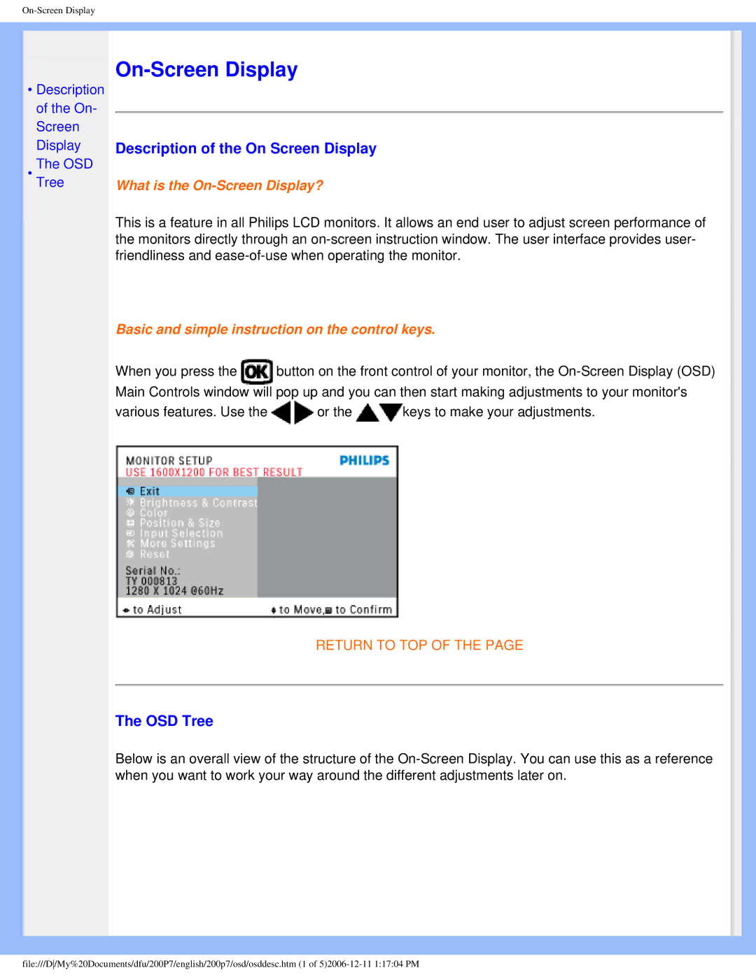 Philips 200p7 user manual Description of the On Screen Display, OSD Tree 