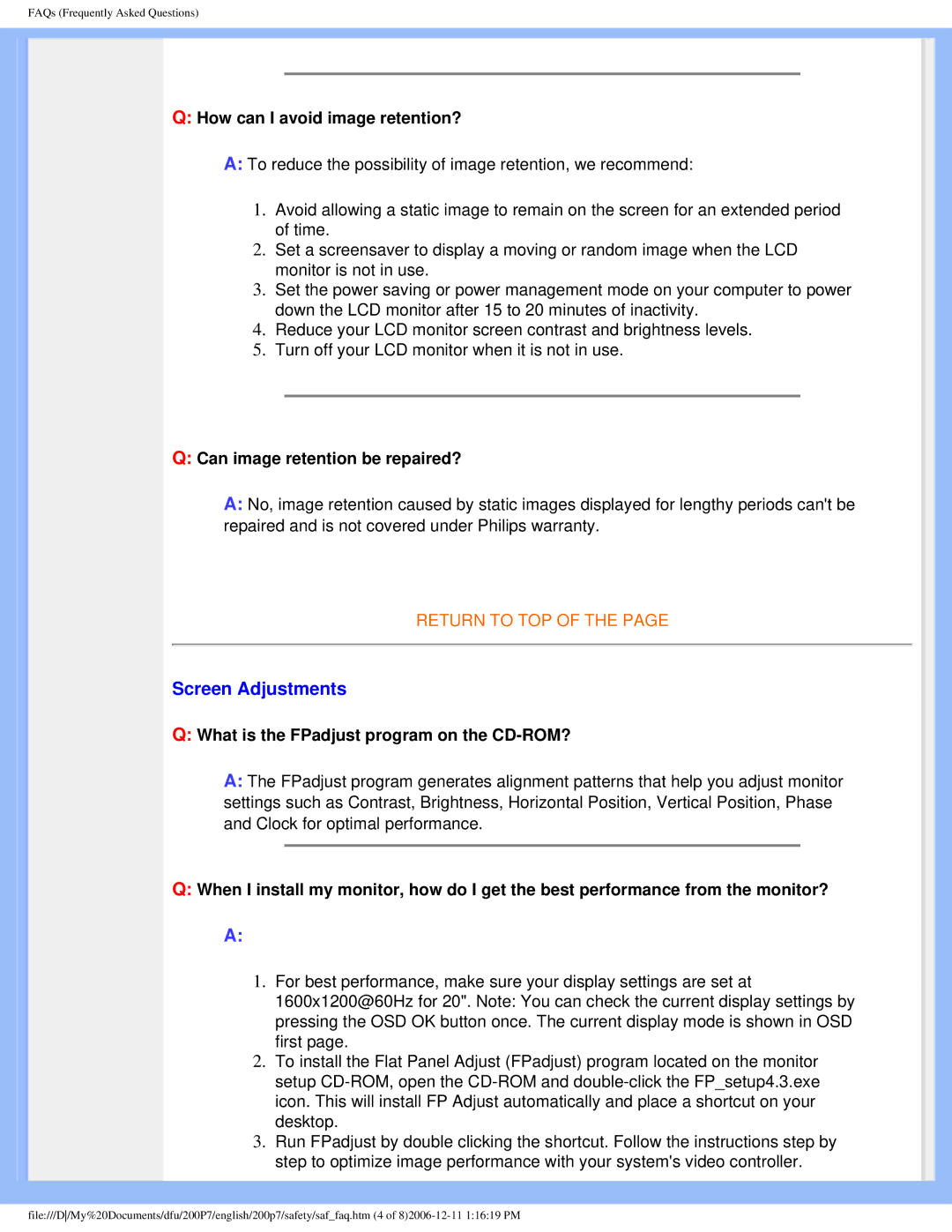 Philips 200p7 user manual Screen Adjustments, How can I avoid image retention?, Can image retention be repaired? 