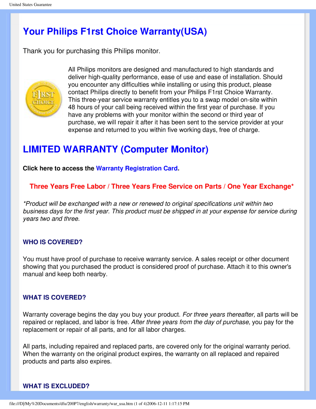 Philips 200p7 user manual Your Philips F1rst Choice WarrantyUSA 